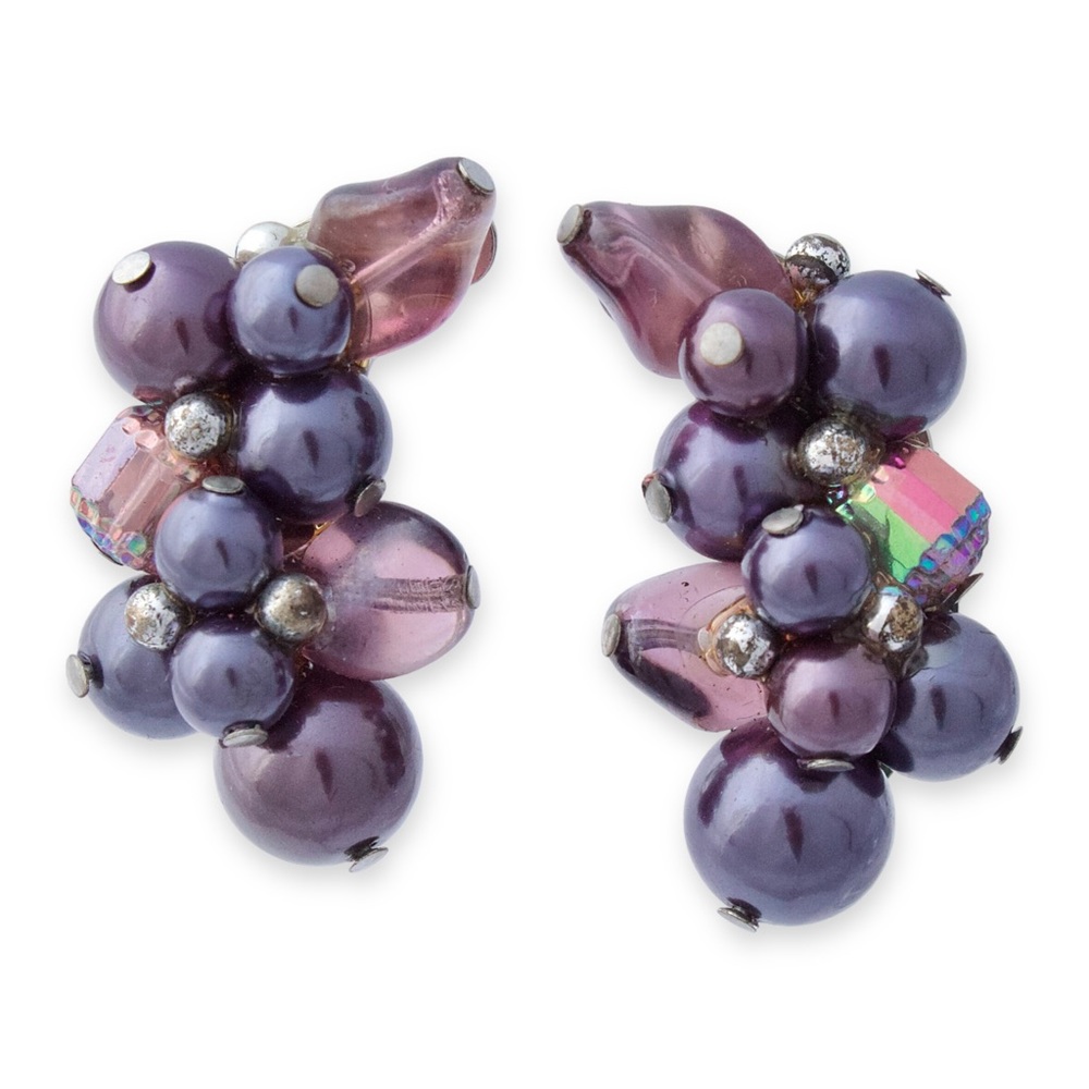 Vintage Crown Trifari Clip On Earrings Purple Glass Faux Pearl Ear Climbers